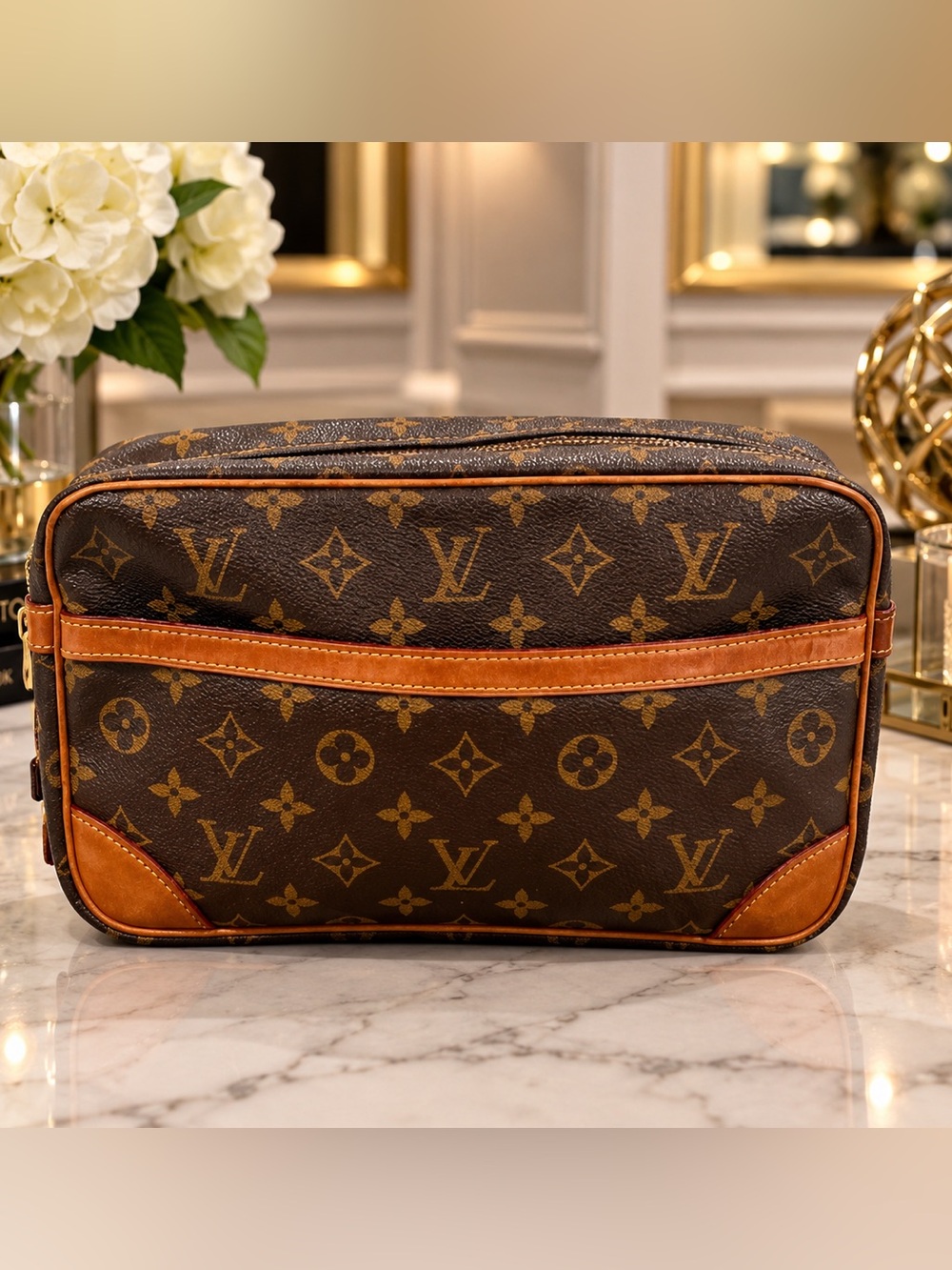 Louis Vuitton Brown Monogram Canvas Bag with Tan Leather Trim with COA